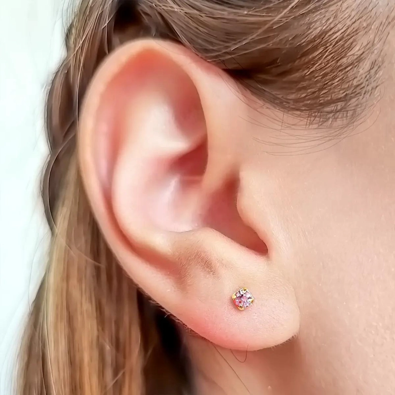 AROS PARA BEBE  CON CIRCON ROSADO DE 3MM ENCHAPADOS EN ORO 18K - 2