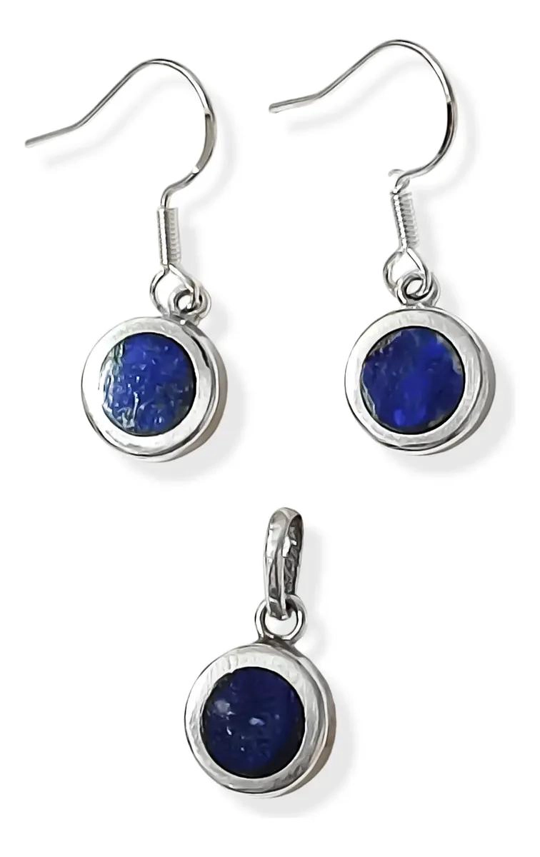 SET DE AROS Y COLGANTE REDONDO CON LAPISLAZULI Y GANCHO DE PLATA FINA 950 - 1