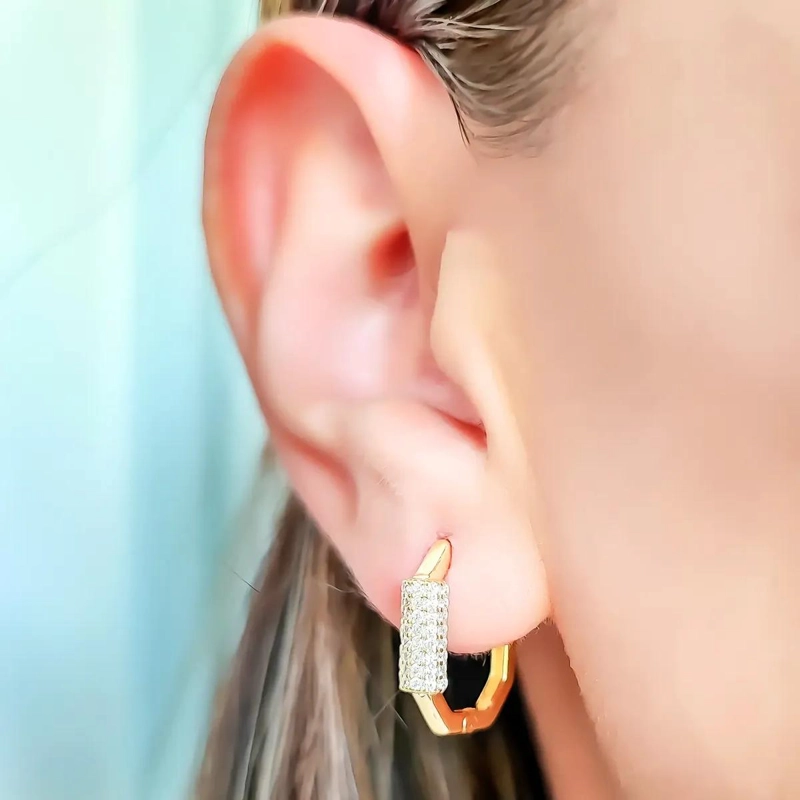 AROS ARGOLLA HEXAGONO CON CIRCON ENCHAPADO EN ORO 18K ELEGANTE - 3