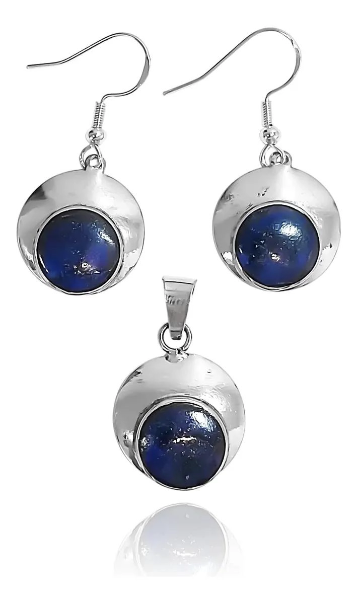 SET DE AROS Y COLGANTE REDONDO CONCAVO EN PLATA FINA 950 CON LAPISLAZULI - 1