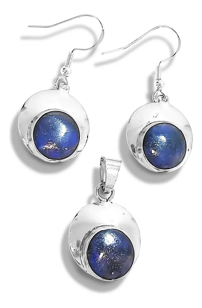 SET DE AROS Y COLGANTE REDONDO CONCAVO EN PLATA FINA 950 CON LAPISLAZULI - 2