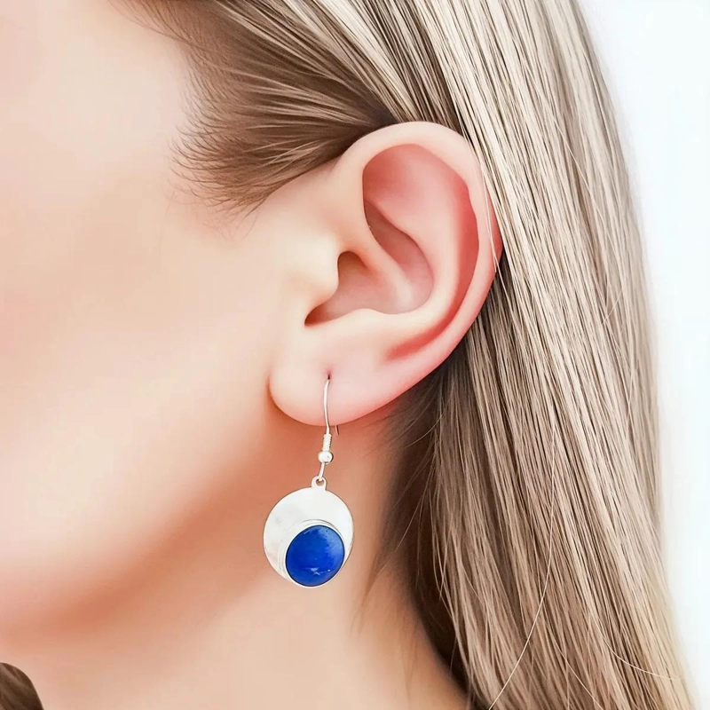 SET DE AROS Y COLGANTE REDONDO CONCAVO EN PLATA FINA 950 CON LAPISLAZULI - 4