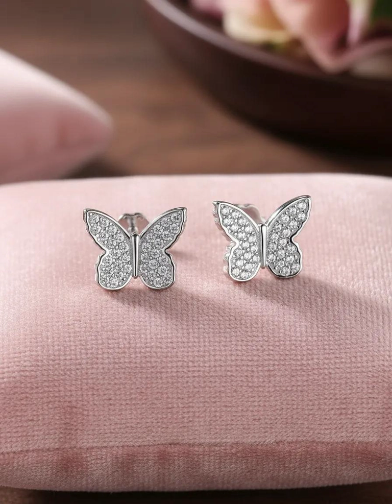 AROS DE PLATA 925 CON DISEÑO DE MARIPOSA Y CIRCONES BRILLANTES PARA MUJER - 1