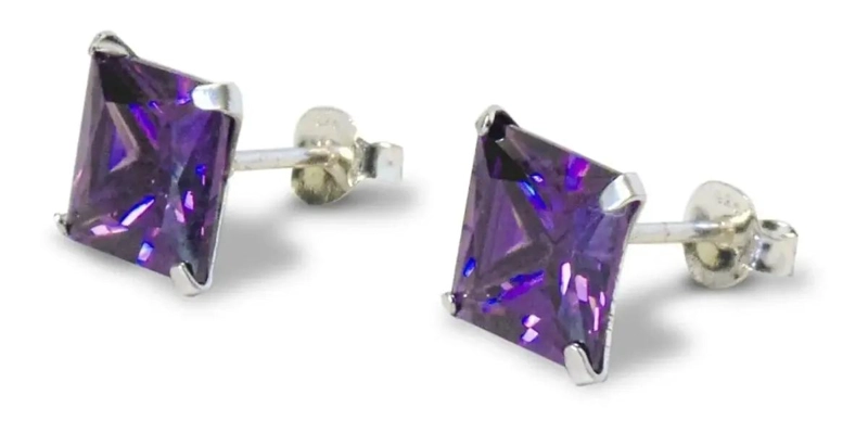 AROS CUADRADOS DE PLATA FINA CON CIRCON MORADO DE 8MM - 1