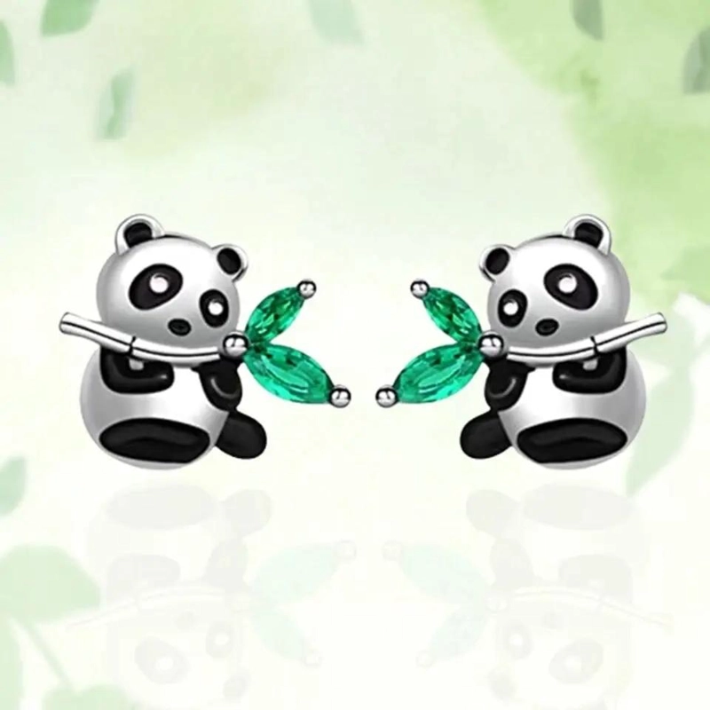 AROS CON DISEÑO DE OSO PANDA Y RAMITA VERDE PARA MUJER - 1