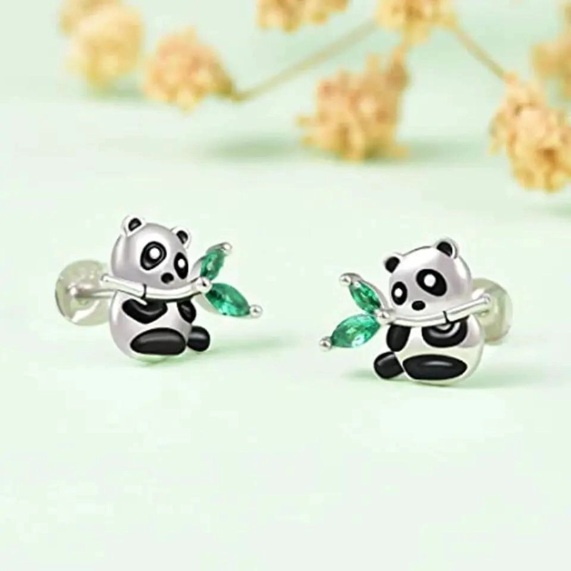 AROS CON DISEÑO DE OSO PANDA Y RAMITA VERDE PARA MUJER - 2