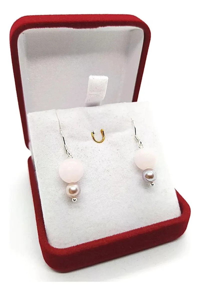 AROS COLGANTES CON CUARZO ROSA Y PERLAS EN PLATA LEY 925 - 1