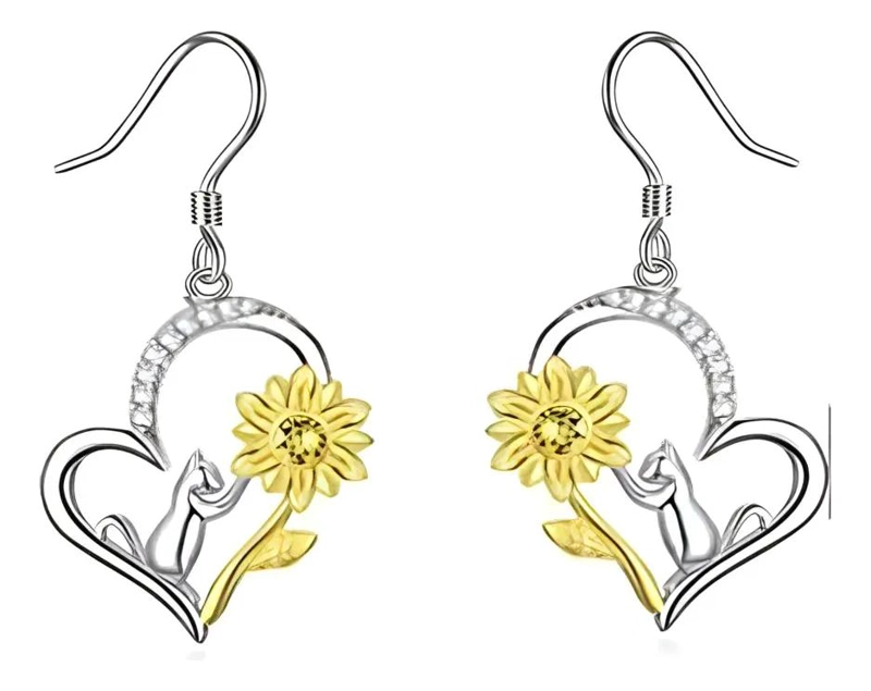 PENDIENTES DE PLATA FINA 925 CON DISEÑO DE GIRASOL Y GATO CON CIRCONIO - 1