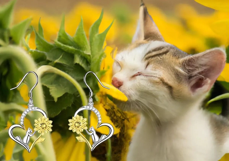 PENDIENTES DE PLATA FINA 925 CON DISEÑO DE GIRASOL Y GATO CON CIRCONIO - 3