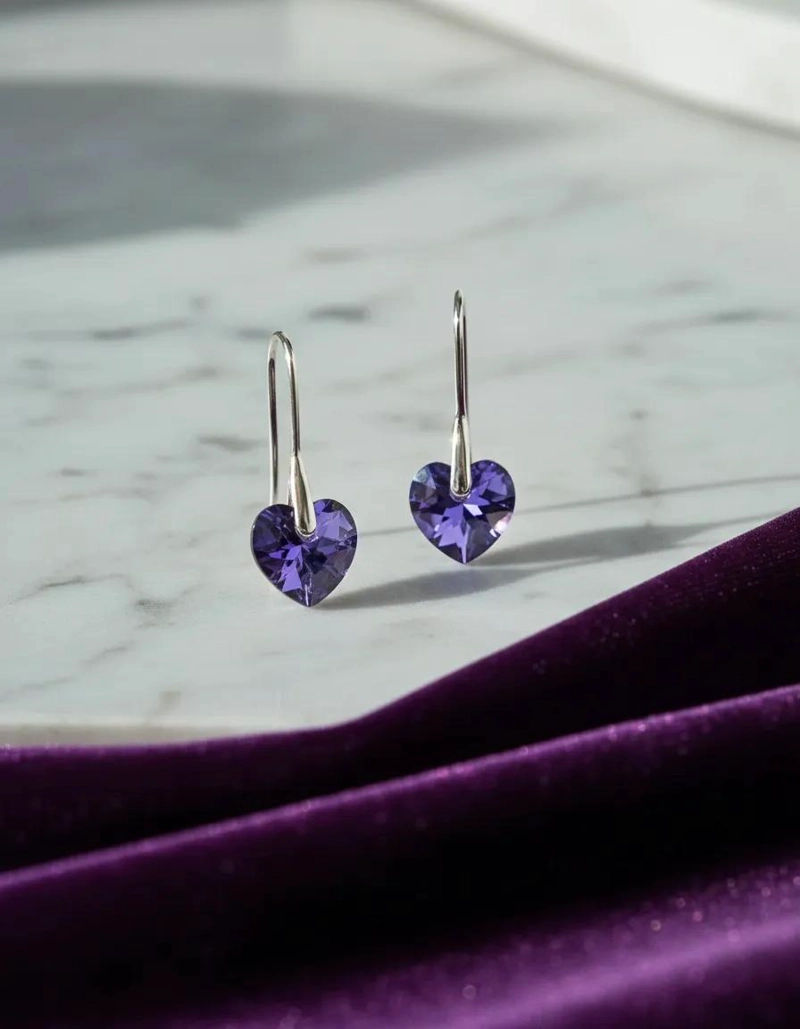 AROS DE PLATA 925 CON DISEÑO DE CORAZON Y CRISTAL HELIOTROPE - 1