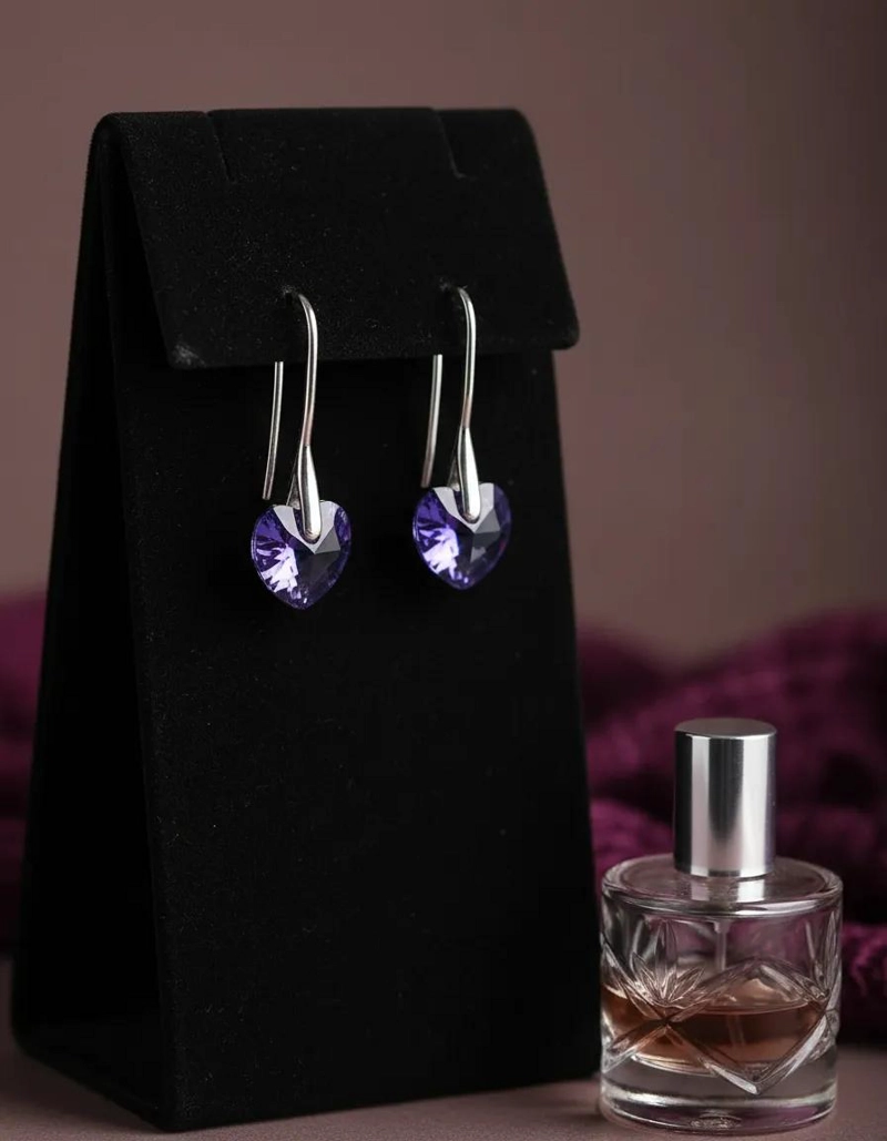 AROS DE PLATA 925 CON DISEÑO DE CORAZON Y CRISTAL HELIOTROPE - 2