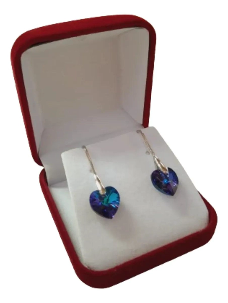 AROS DE PLATA 925 CON DISEÑO DE CORAZON Y CRISTAL HELIOTROPE - 3