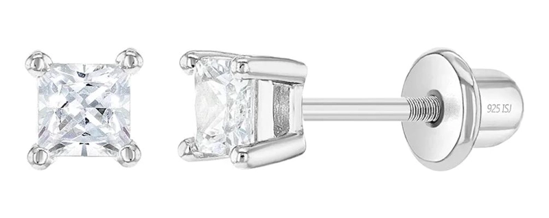 AROS SOLITARIO DE CIRCON CUADRADO EN PLATA 925 PARA BEBE S - 1