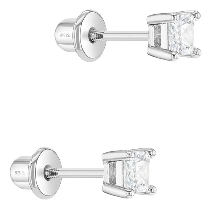 AROS SOLITARIO DE CIRCON CUADRADO EN PLATA 925 PARA BEBE S - 2