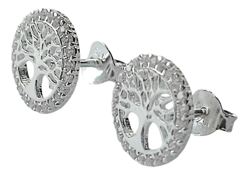 AROS REDONDOS CON DISEÑO ARBOL DE LA VIDA Y CIRCONES EN PLATA FINA 925 - 1