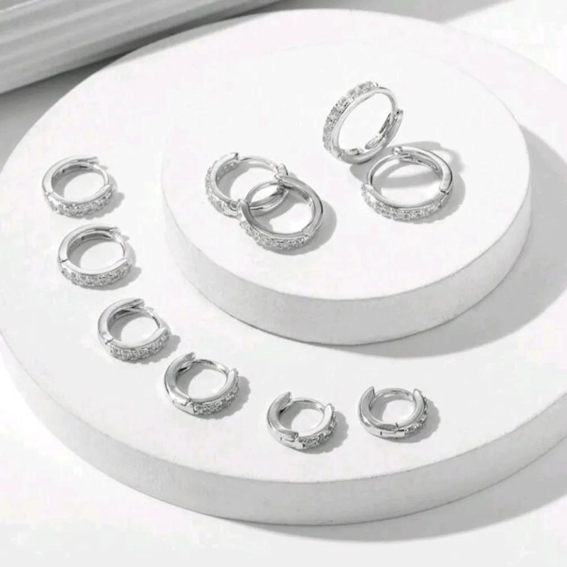 SET DE 5 PARES DE AROS ARGOLLAS CON CIRCONITAS Y BAÑO DE PLATA 925 - 4