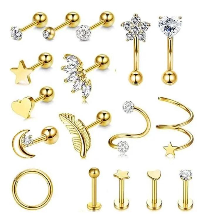 SET DE 17 ARETES PARA OREJA EN ACERO INOXIDABLE PARA CARTILAGO - 1