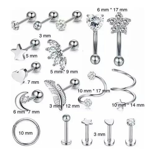 SET DE 17 ARETES PARA OREJA EN ACERO INOXIDABLE PARA CARTILAGO - 3