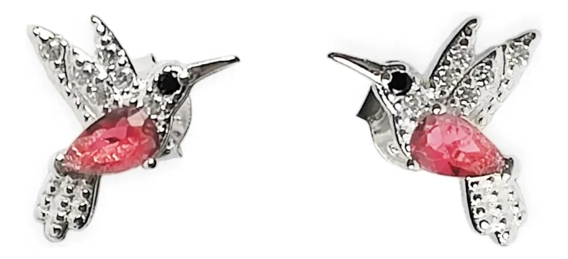 AROS DELICADOS CON DISEÑO DE COLIBRI Y CIRCONES ROSADOS EN PLATA FINA 925 - 1
