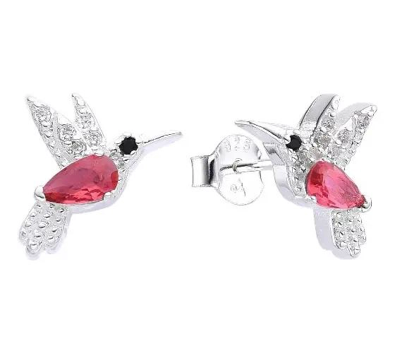 AROS DELICADOS CON DISEÑO DE COLIBRI Y CIRCONES ROSADOS EN PLATA FINA 925 - 2