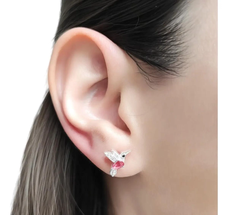 AROS DELICADOS CON DISEÑO DE COLIBRI Y CIRCONES ROSADOS EN PLATA FINA 925 - 3