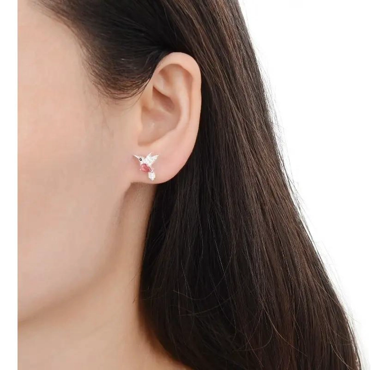 AROS DELICADOS CON DISEÑO DE COLIBRI Y CIRCONES ROSADOS EN PLATA FINA 925 - 4