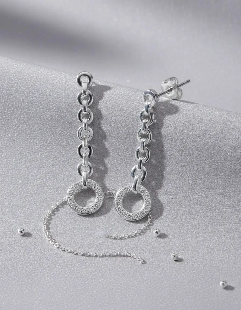 AROS DE PLATA 925 CON ESLABON REDONDO Y CIRCONES PARA MUJER - 4
