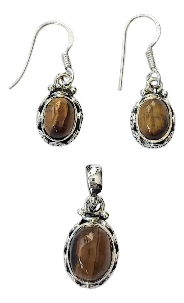 SET DE AROS Y COLGANTE OVALADO CON PIEDRA OJO DE TIGRE EN PLATA FINA 925 - 1