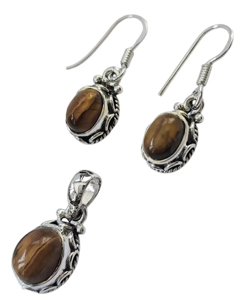 SET DE AROS Y COLGANTE OVALADO CON PIEDRA OJO DE TIGRE EN PLATA FINA 925 - 2