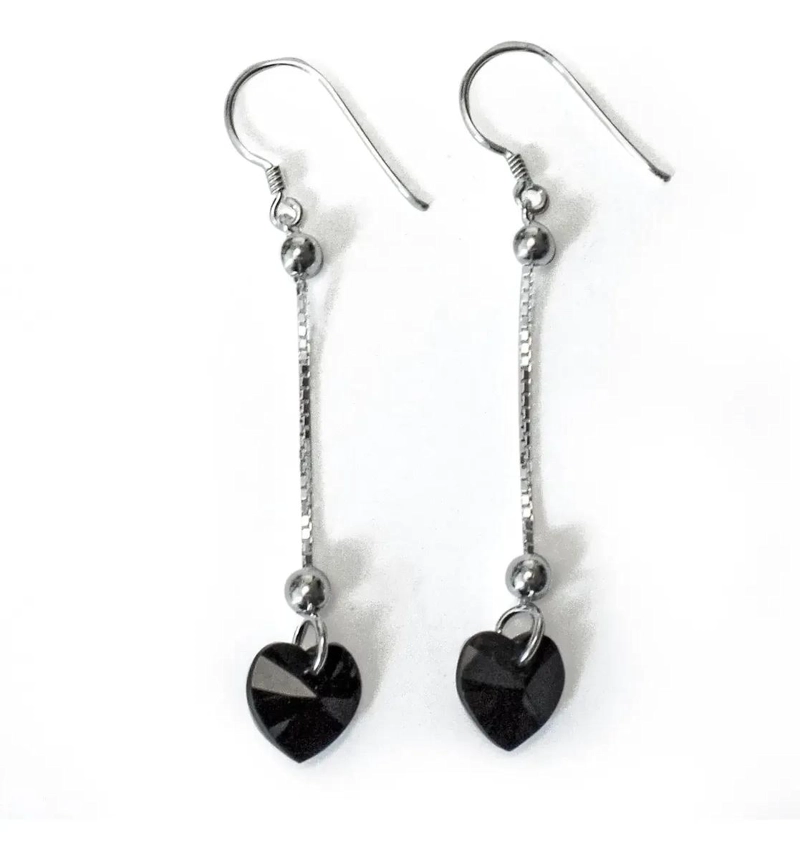 AROS CON COLGANTE DE CORAZON EN CRISTAL NEGRO Y PLATA FINA - 1