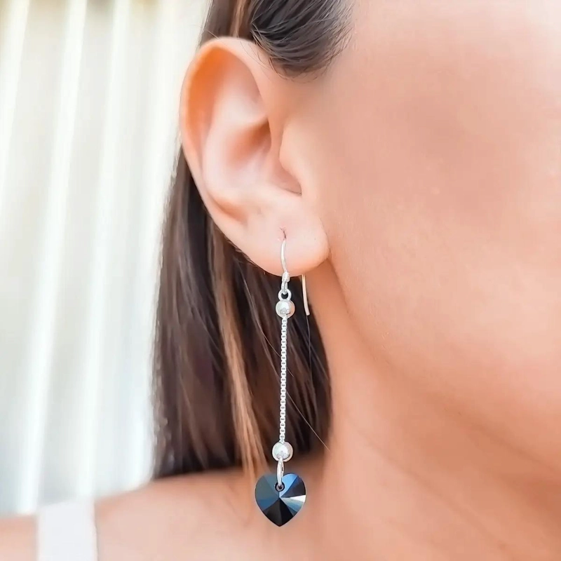 AROS CON COLGANTE DE CORAZON EN CRISTAL NEGRO Y PLATA FINA - 2
