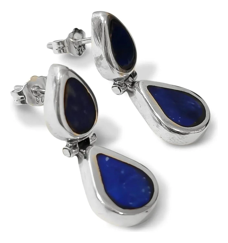 AROS CON PIEDRA LAPISLAZULI Y BISAGRA EN PLATA FINA 950 - 2