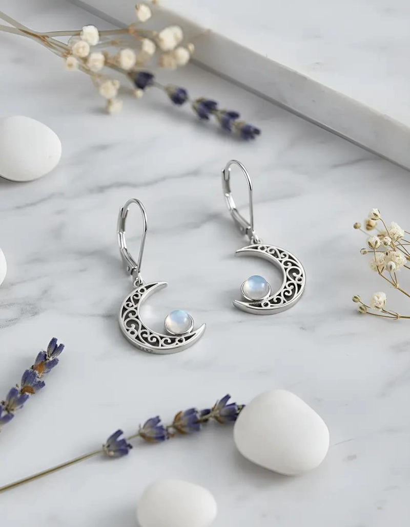 AROS DE PLATA 925 CON PIEDRA LUNA Y DISEÑO DE NUDO - 3