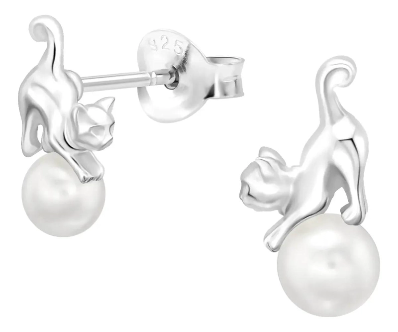AROS PEQUEÑOS DE PLATA 925 CON DISEÑO DE GATO Y PERLA PARA MUJER - 1
