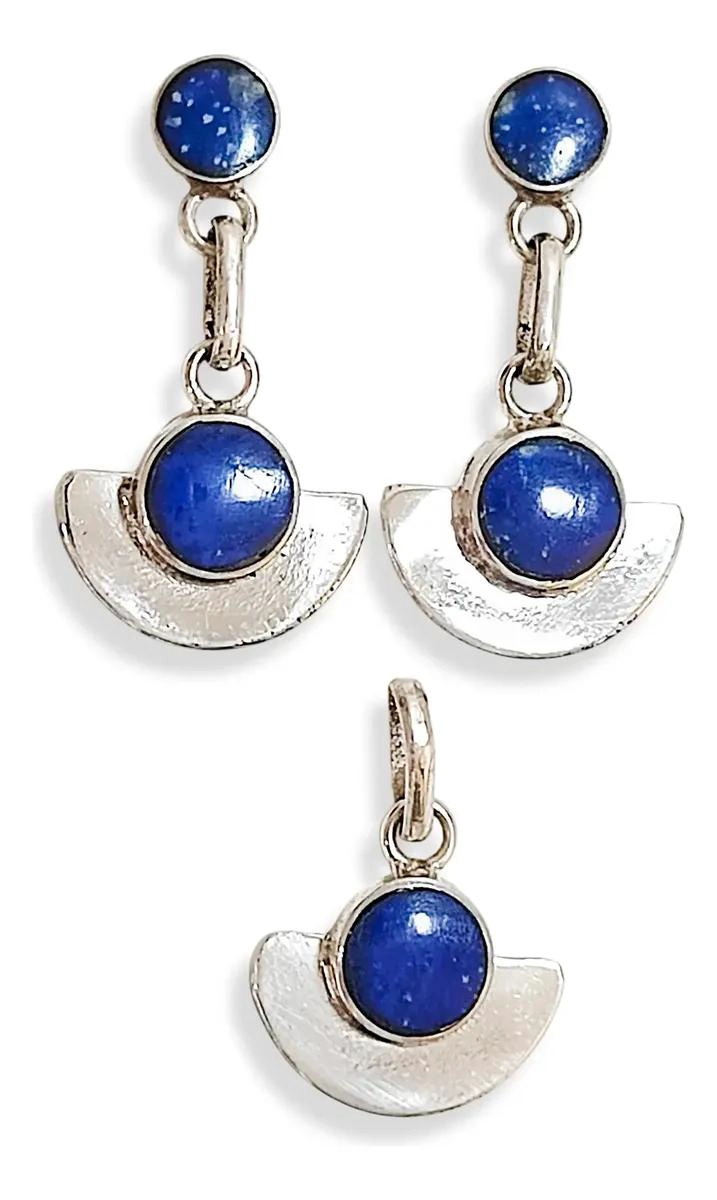 SET DE AROS Y COLGANTE REDONDOS CON LAPISLAZULI EN PLATA FINA 950 - 1