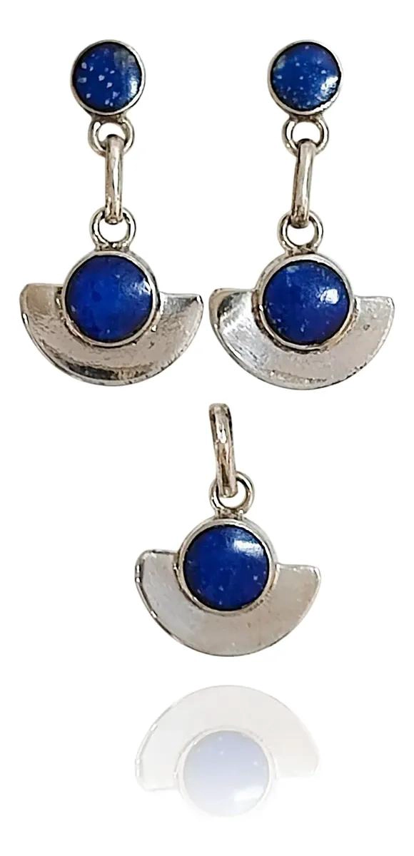 SET DE AROS Y COLGANTE REDONDOS CON LAPISLAZULI EN PLATA FINA 950 - 2