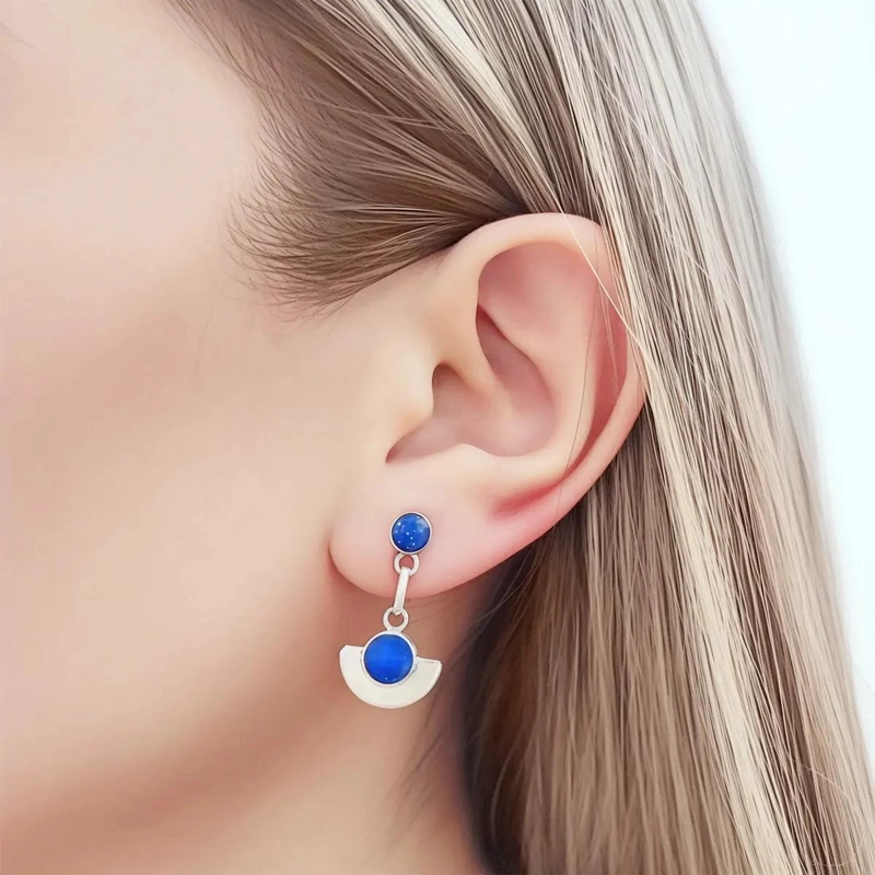 SET DE AROS Y COLGANTE REDONDOS CON LAPISLAZULI EN PLATA FINA 950 - 4