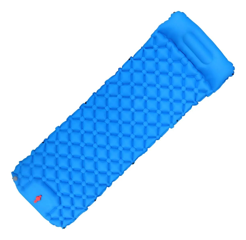COLCHONETA INFLABLE ULTRALIGERA PARA CAMPING CON INFLADOR DE PIE COLOR CELESTE - 1