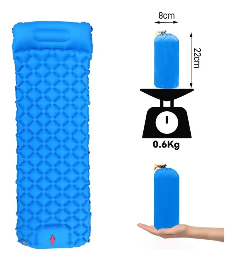 COLCHONETA INFLABLE ULTRALIGERA PARA CAMPING CON INFLADOR DE PIE COLOR CELESTE - 2