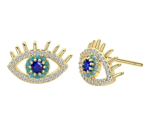 PENDIENTES DE TUERCA CON DISEÑO DE OJO TURCO Y CIRCONIA AZUL - 1