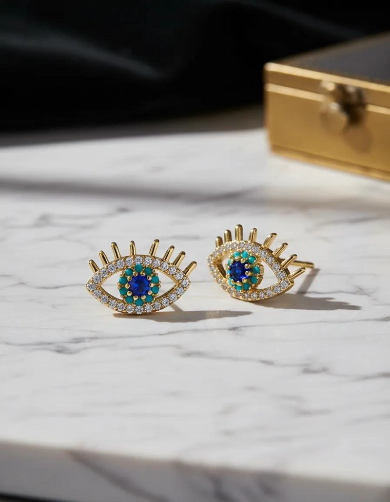 PENDIENTES DE TUERCA CON DISEÑO DE OJO TURCO Y CIRCONIA AZUL - 2