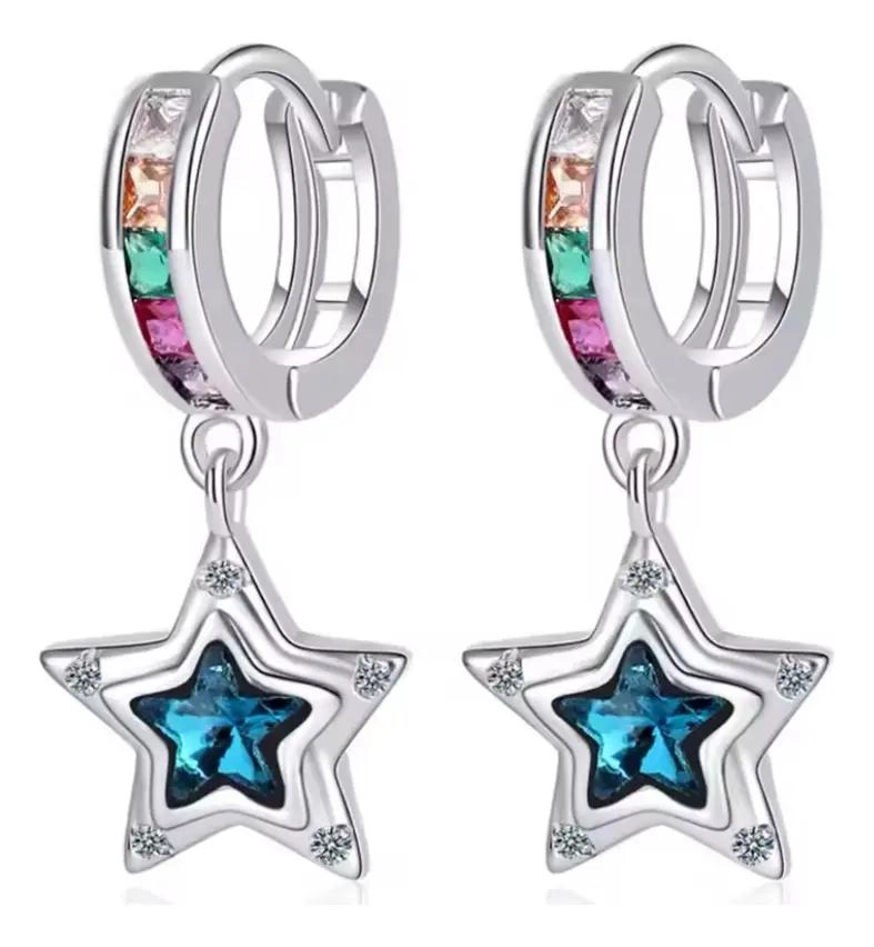 AROS COLGANTES CON DISEÑO DE ESTRELLA Y DIAMANTES EN PLATA 925 PARA MUJER - 1