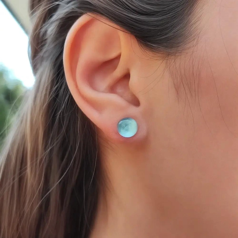 AROS DE MEDIA BOLA COLOR CELESTE DE 9MM EN PLATA FINA 925 - 3
