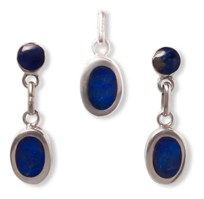 SET DE AROS COLGANTES OVALADOS LISOS CON LAPISLAZULI EN PLATA FINA - 1