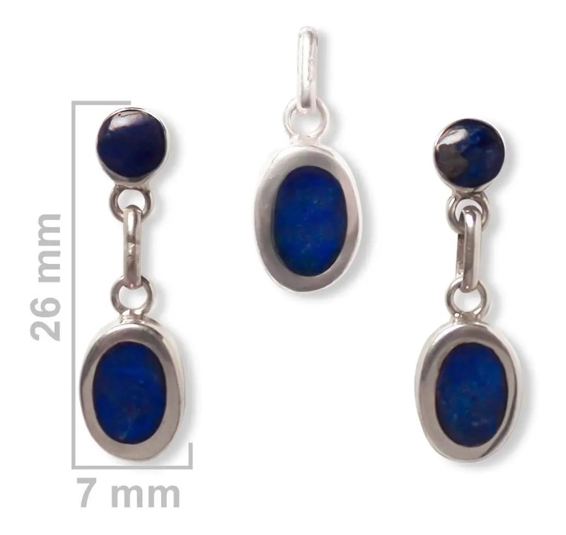 SET DE AROS COLGANTES OVALADOS LISOS CON LAPISLAZULI EN PLATA FINA - 2