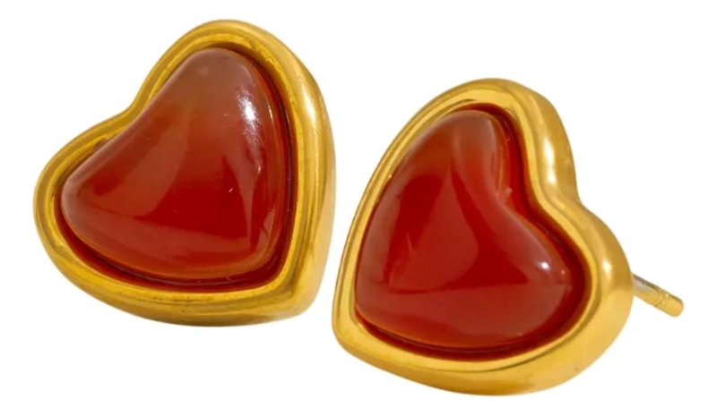 AROS CON DISEÑO DE CORAZON Y PIEDRA ROJA EN ORO 18KT PARA MUJER - 1