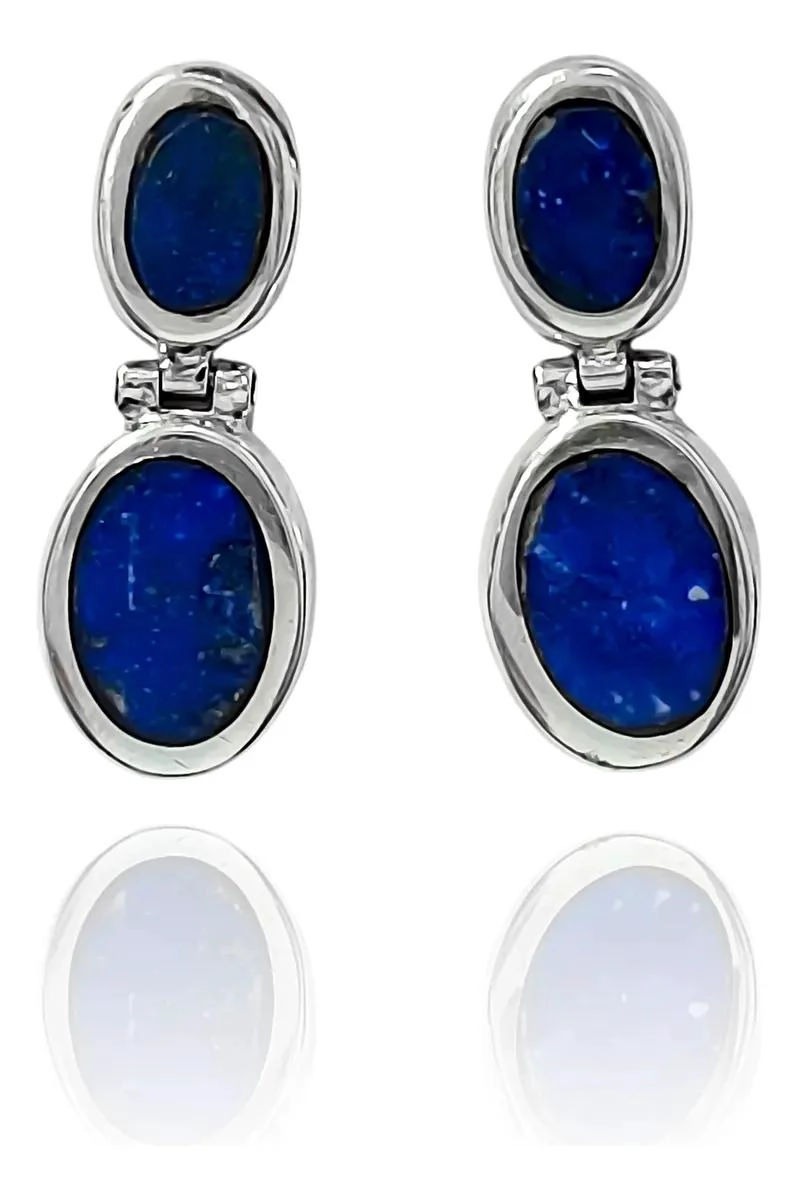 AROS OVALADOS CON LAPISLAZULI Y BISAGRA EN PLATA FINA 950 - 1
