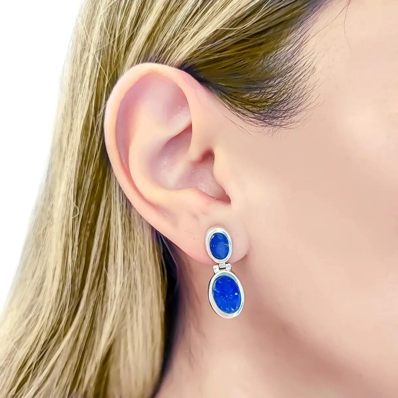 AROS OVALADOS CON LAPISLAZULI Y BISAGRA EN PLATA FINA 950 - 3