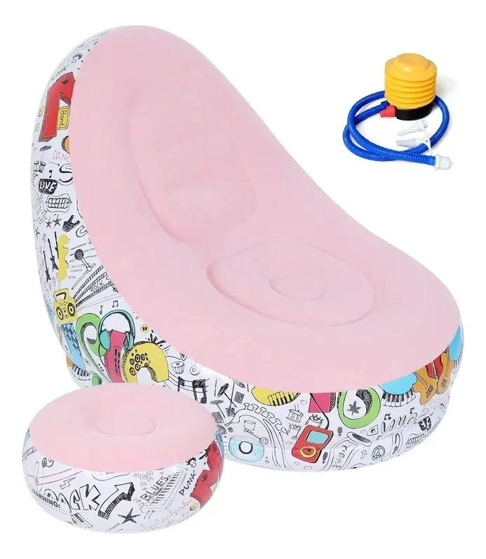 SOFA TUMBONA INFLABLE CON REPOSAPIE S Y PUFF EN COLOR ROSA - 1