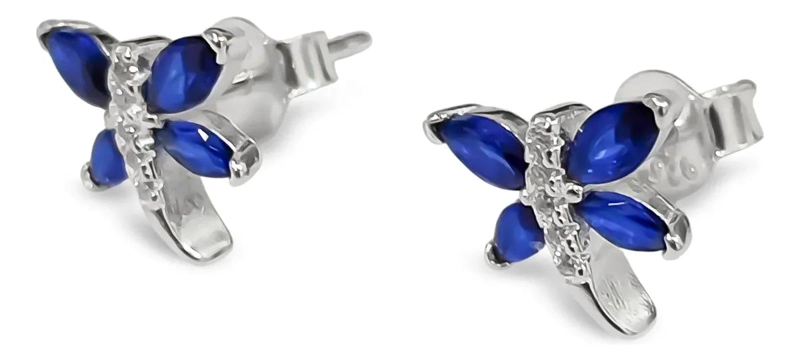 AROS DELICADOS CON DISEÑO DE LIBE LULA Y CIRCONES AZULES EN PLATA FINA 925 - 2